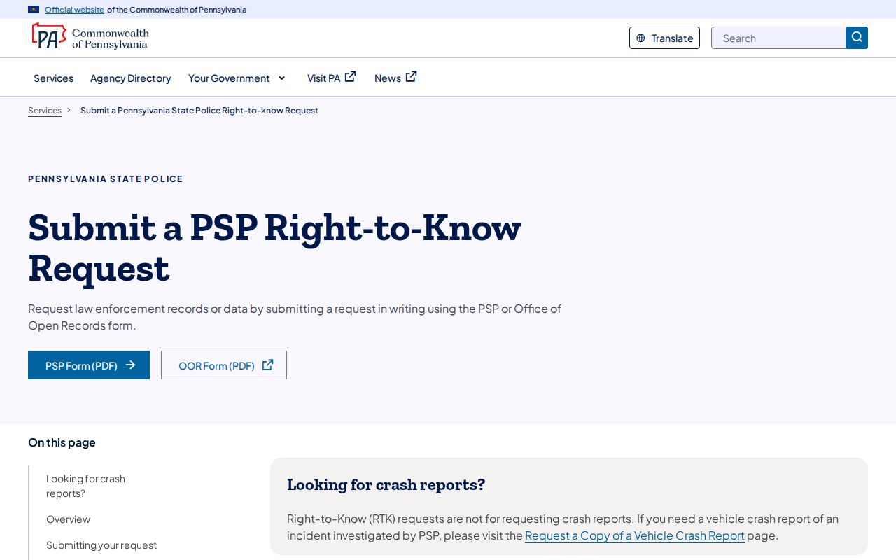 Potter County arrest history PSP Right-to-Know request instructions