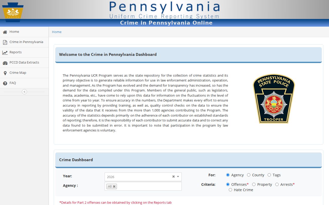 Coudersport criminal history statistics search in Pennsylvania UCR
