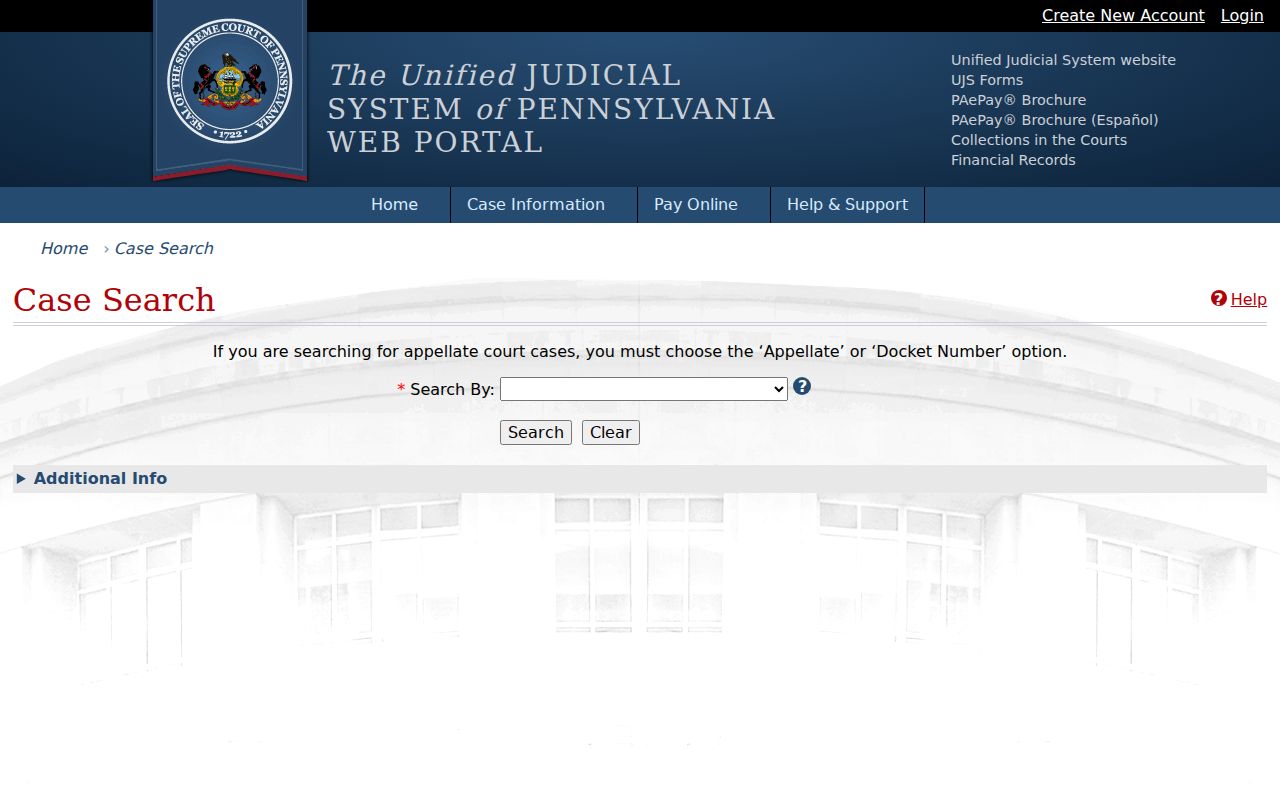 Potter County criminal court case search fields in UJS