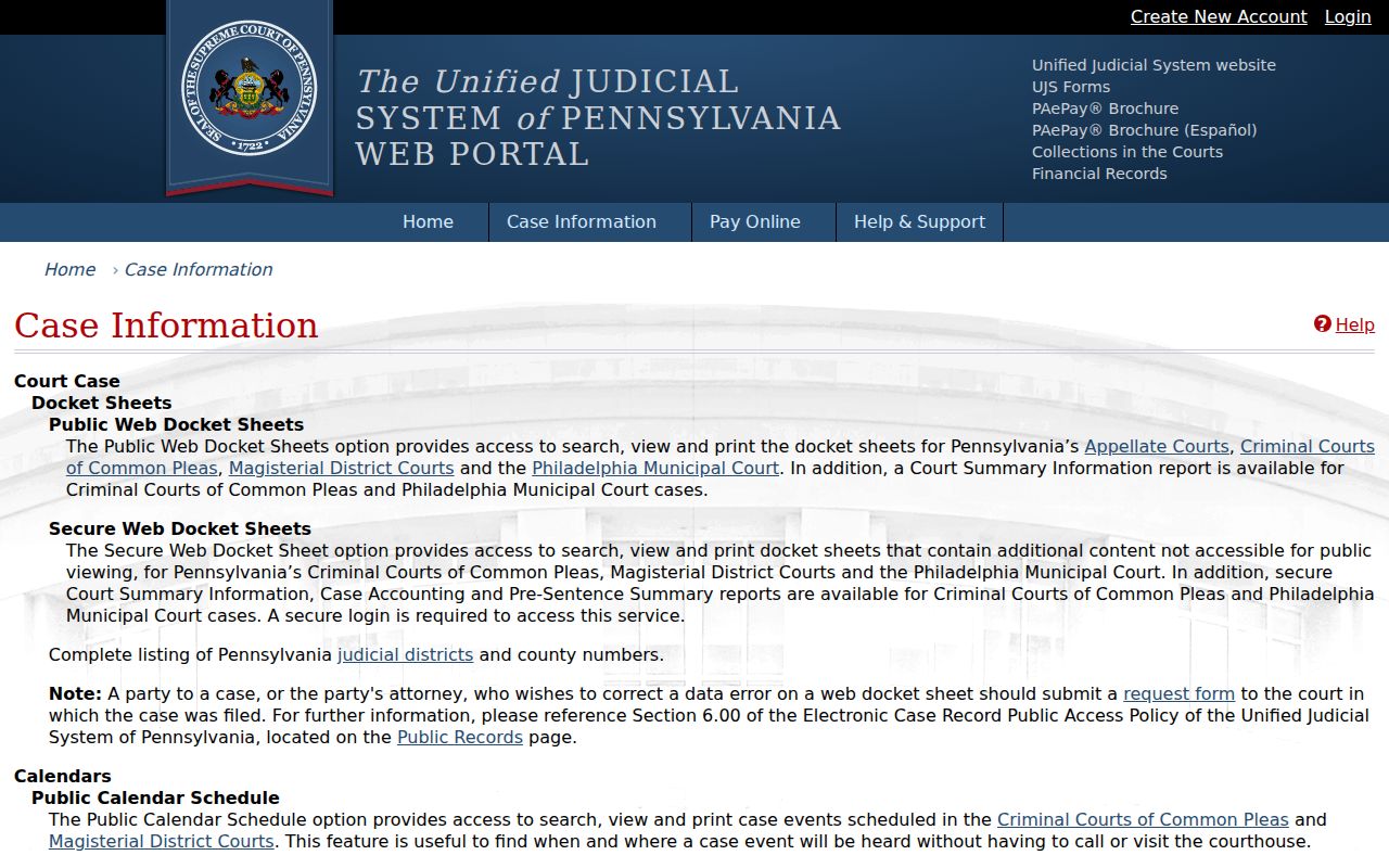 Potter County criminal case public docket information options